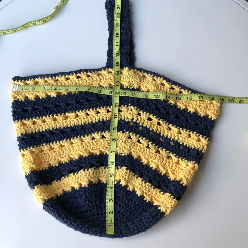 Handmade Crochet Tote Indigo Yellow Stripes